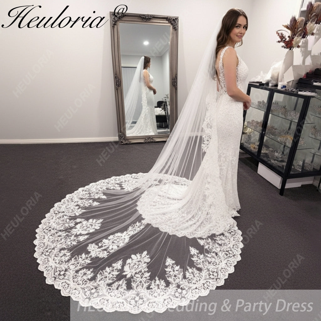 Vintage Lace Wedding Veils Floral Cathedral Veil,Floral Lace Cathedral Length Veil,Flowery Chapel Wedding Veil,Lace Chapel Length Veil/  VL-42