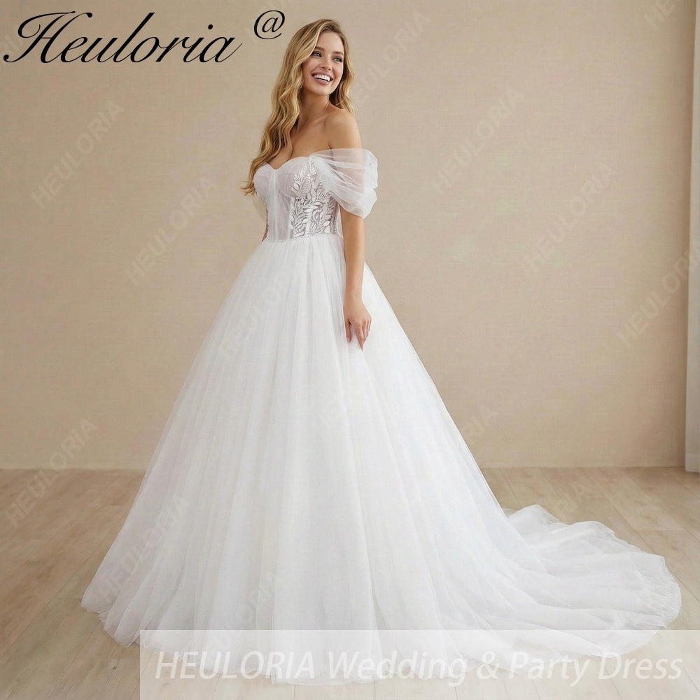 HEULORIA Ethereal Leaf Embroidery Wedding Dress: Sweetheart Corset Bodice with Detachable Puff Sleeves AL-1035