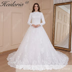 HEULORIA Muslim Wedding Dress long sleeve bride dress O neck plus size robe de mariee Lace beading  Bridal Gown BA-576