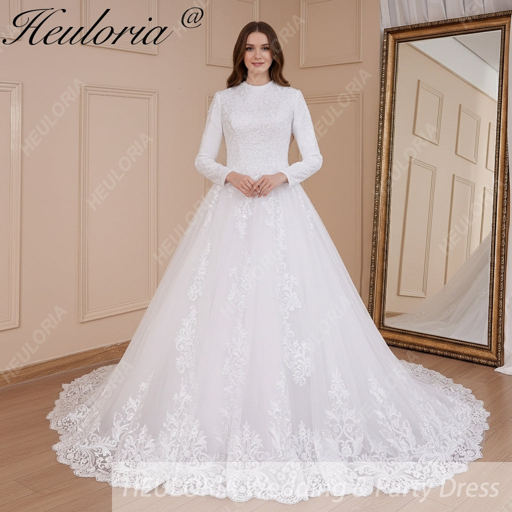 HEULORIA Muslim Wedding Dress long sleeve bride dress O neck plus size robe de mariee Lace beading  Bridal Gown BA-576