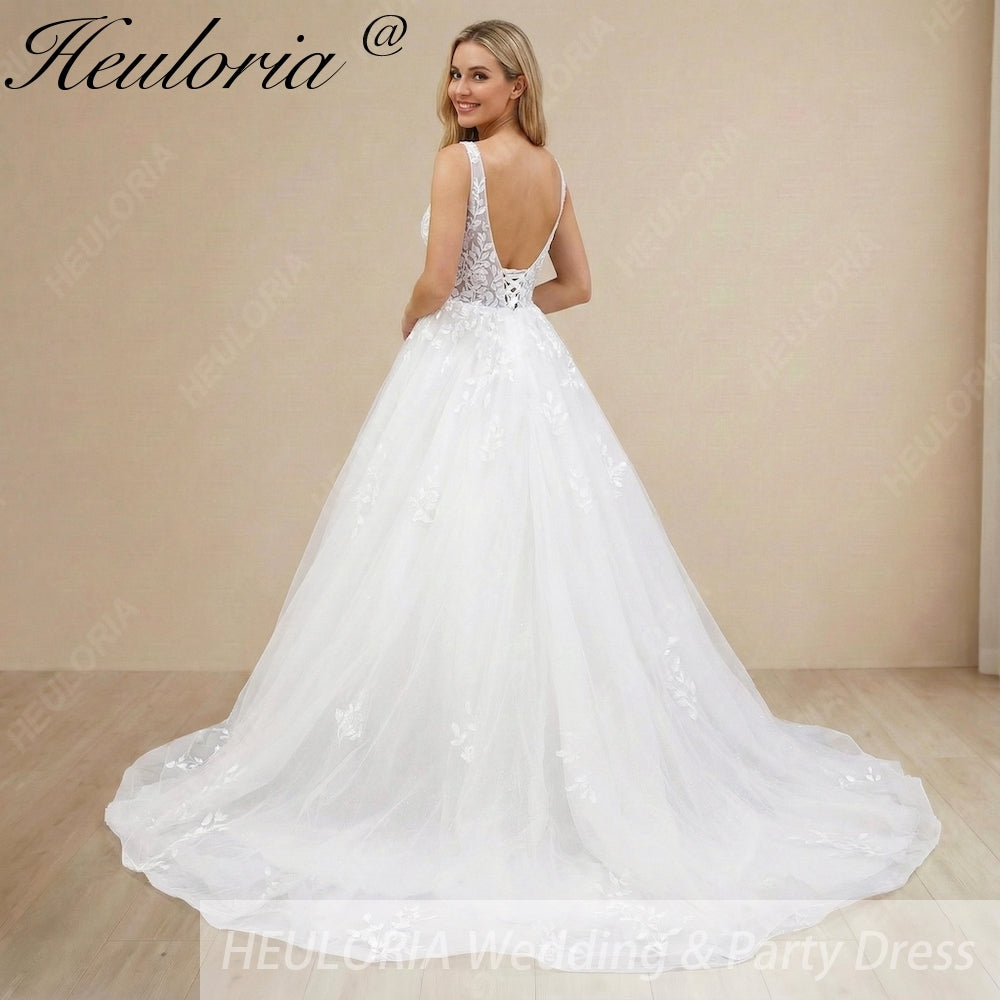 Heuloria Ethereal Deep V-Neck Leaf Lace Ballgown Wedding Dress with Shimmer Tulle & Corset Back BA-1047