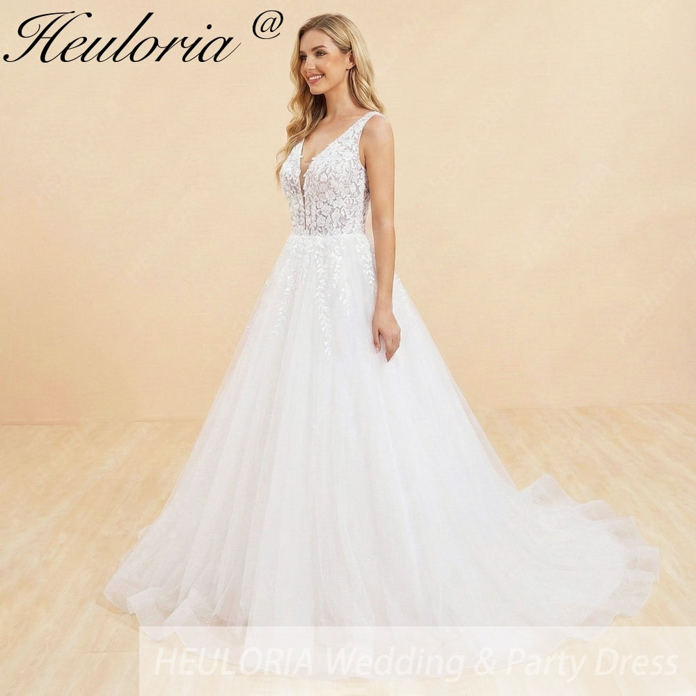 HEULORIA A line Wedding Dress V Neck sparky tulle lace applique bride dress with lace up back Customized AL-1032