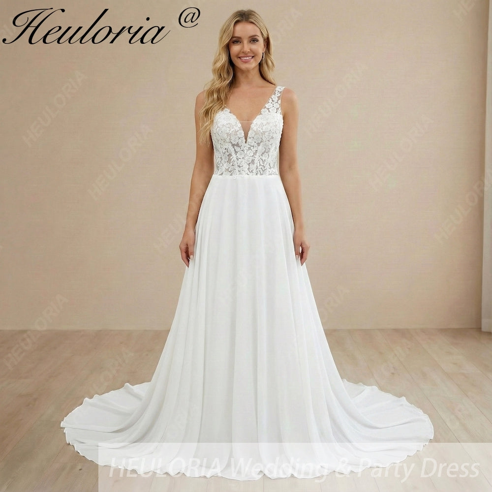 HEULORIA Illusion Deep V-Neck Lace A-Line Wedding Dress with Open Keyhole Back AL-1046 Main image