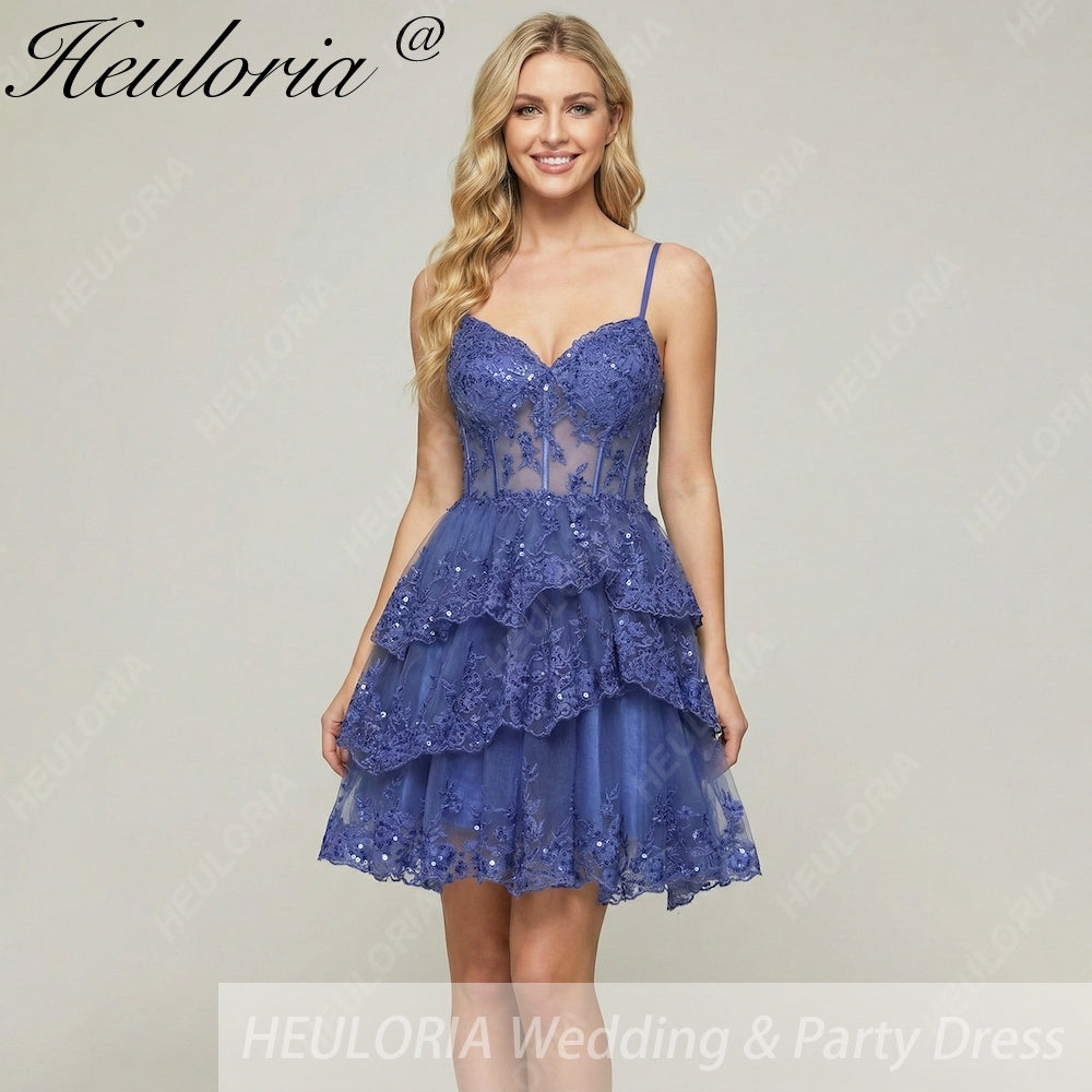 HEULORIA Sparkly Sequin Lace Tiered Homecoming Dress - Sheer Corset Bodice Cocktail Gown ED-274 Imagen principal del producto