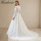 HEULORIA Shimmering Sequin High-Neck Long Sleeve Wedding Dress - Elegant A-Line Bridal Gown with Cathedral Train muslim wedding dress  BA-1203