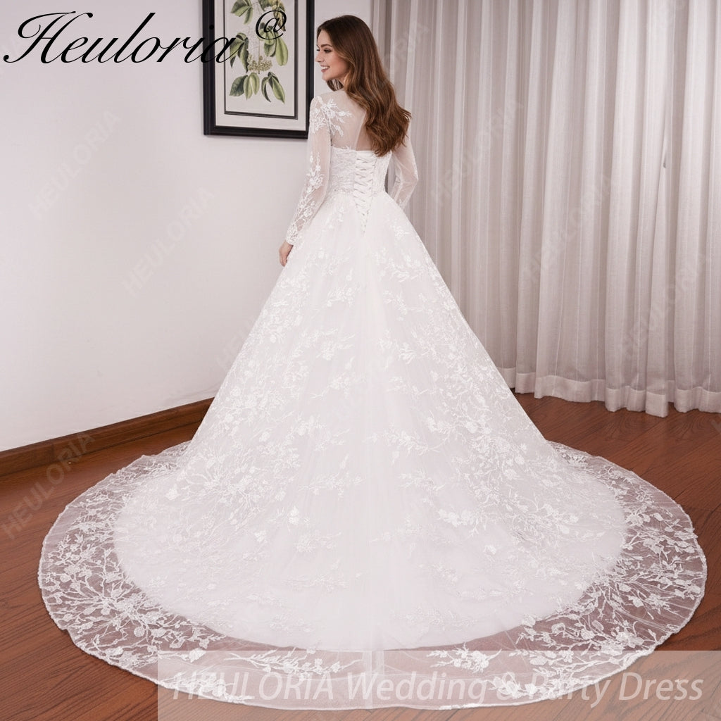 HEULORIA Princess Ball Gown Wedding Dress long sleeve sweetheart plus size robe de mariee Lace beading bride dress court train BA-653