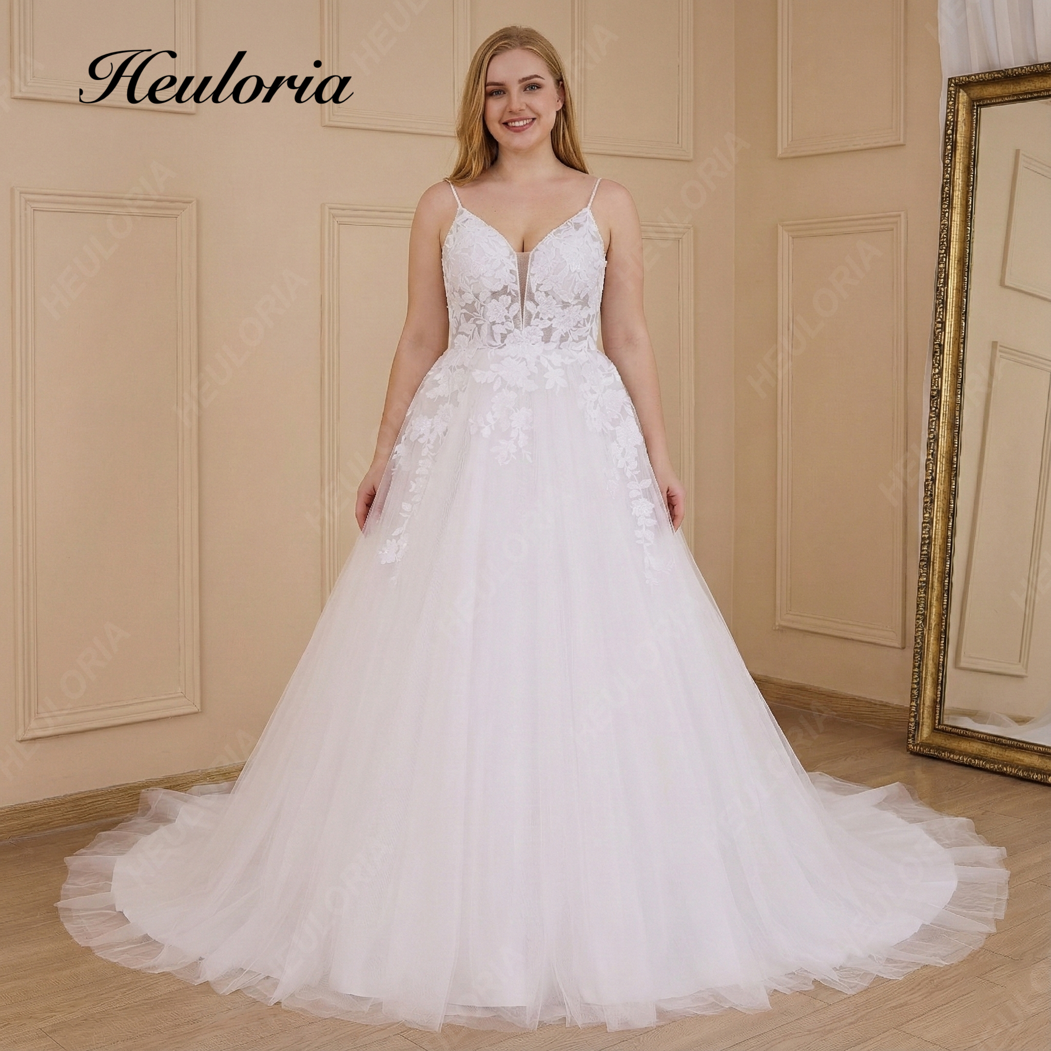 HEULORIA Elegant V-Neck Lace A-Line Wedding Dress - Beaded Spaghetti Straps & Illusion Floral Bodice AL-787