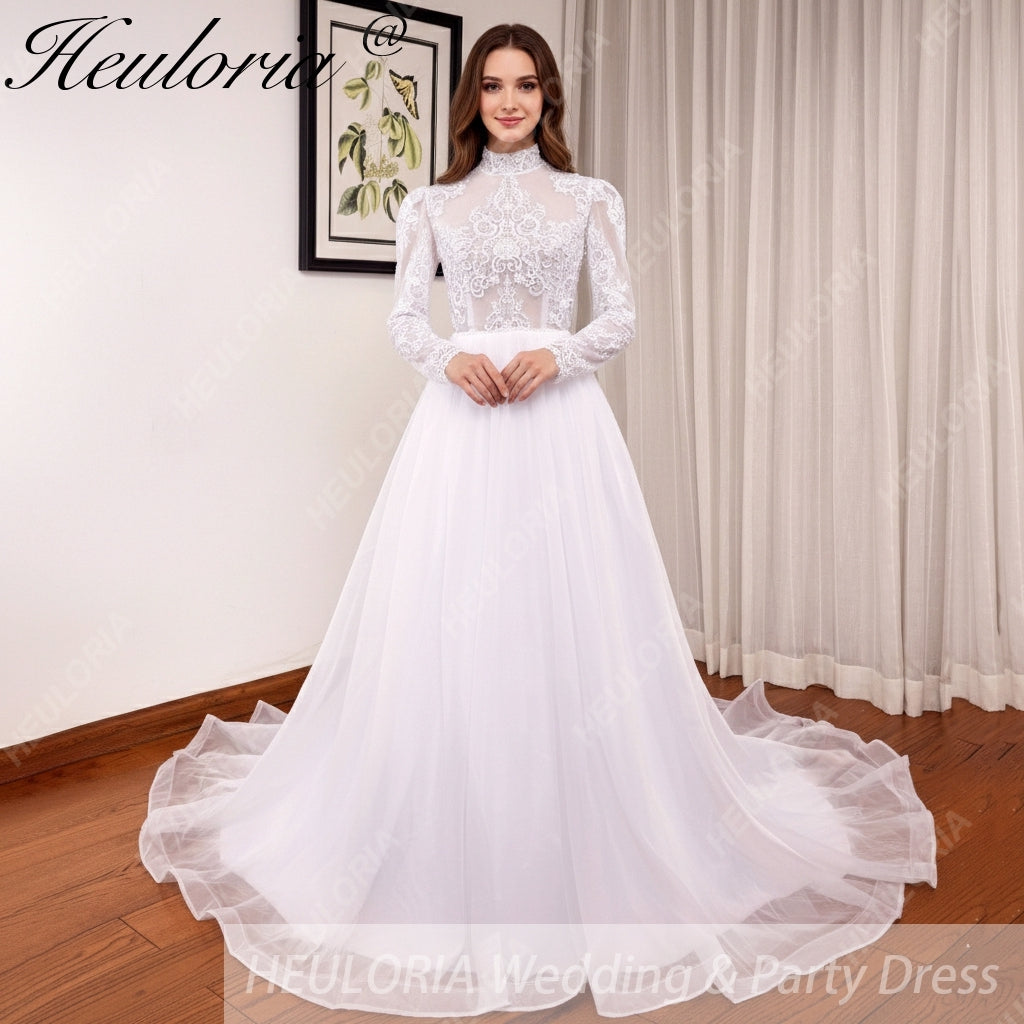 Boho Wedding Dress long sleeve high neck lace applique bride dress plus size robe de mariee A line Wedding Bridal Gown AL-HN0815