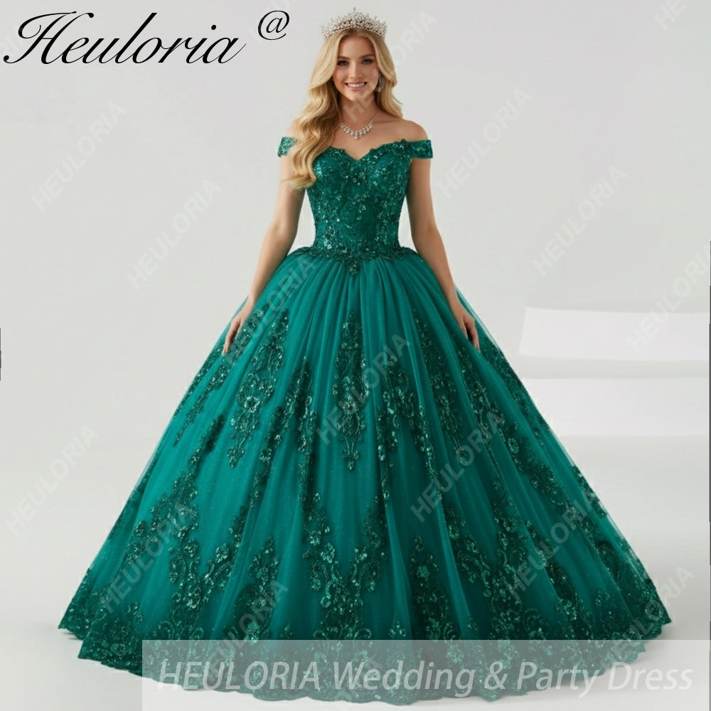 Emerald Green Off-the-Shoulder Ball Gown Sequin Lace Quinceaera Dress 14W / Green / 100cm Emerald Green Off-the-Shoulder Ball Gown Sequin Lace Quinceaera Dress 14W / Green / 100cm