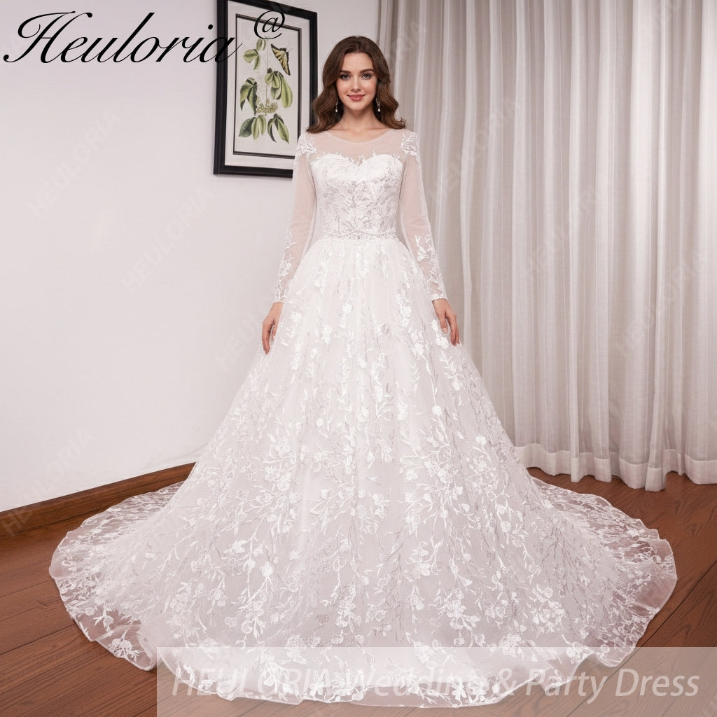 HEULORIA Princess Ball Gown Wedding Dress long sleeve sweetheart plus size robe de mariee Lace beading bride dress court train BA-653