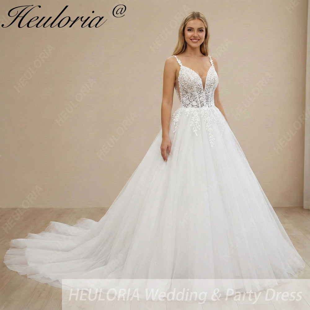 HEULORIA  elegant A line wedding dress Spaghetti Strap lace applique bridal dress Robe De Mariee Wedding Bride Dress AL-1009