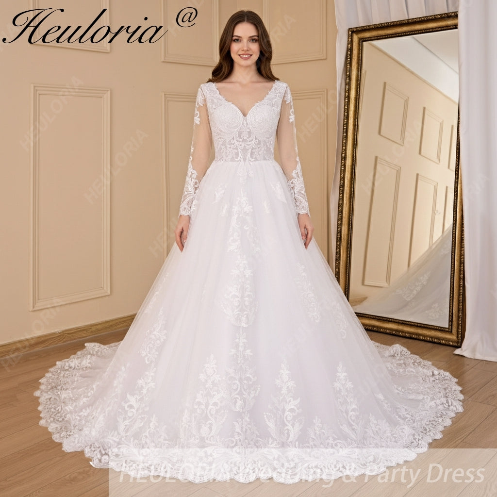 HEULORIA Elegant Scalloped V-Neck Lace Wedding Dress with Illusion Long Sleeves and Royal Cathedral Train BA-721