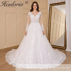 HEULORIA Elegant Scalloped V-Neck Lace Wedding Dress with Illusion Long Sleeves and Royal Cathedral Train BA-721