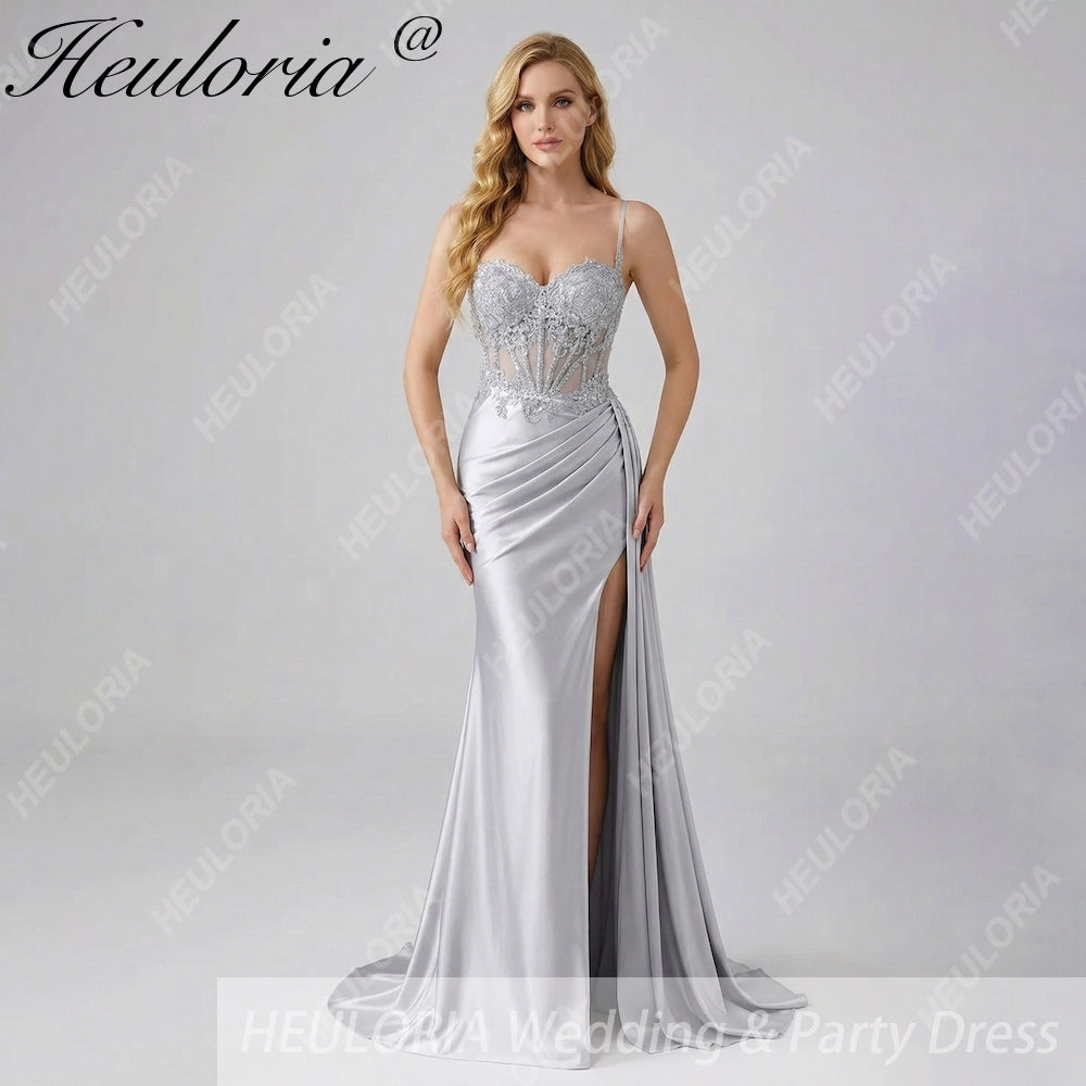 HEULORIA Elegant Satin Corset Evening Gown with Lace Appliqué & High Side Slit Prom dresses ED-219