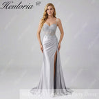 HEULORIA Elegant Satin Corset Evening Gown with Lace Appliqué & High Side Slit Prom dresses ED-219