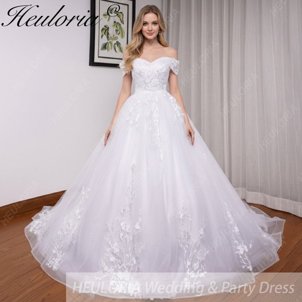 HEULORIA princess wedding dress off shoulder crystal beading lace applique bride dress plus size robe de mariee BA-544A