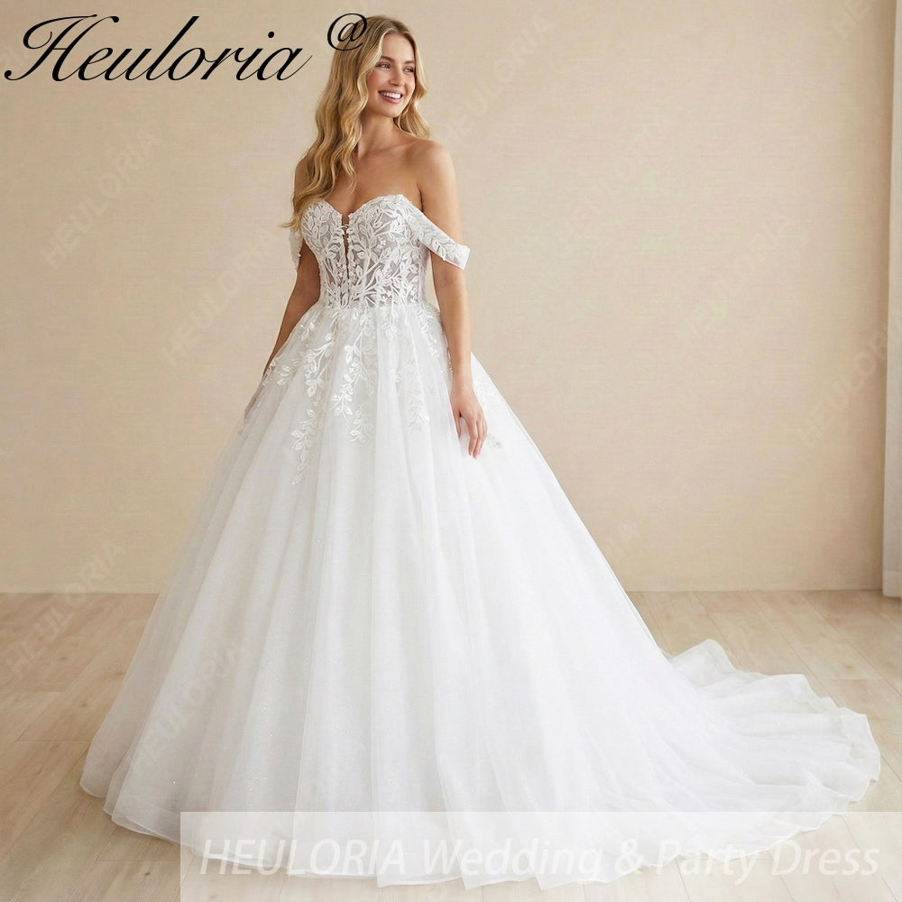 HEULORIA Romantic Off-The-Shoulder Lace Ballgown Wedding Dress with Plunging Sweetheart Neckline BA-1028