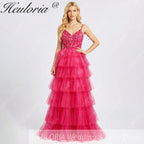 HEULORIA Fuchsia V-Neck Tiered Tulle Prom Dress with Sequin Floral Bodice and Lace-Up Back ED-222
