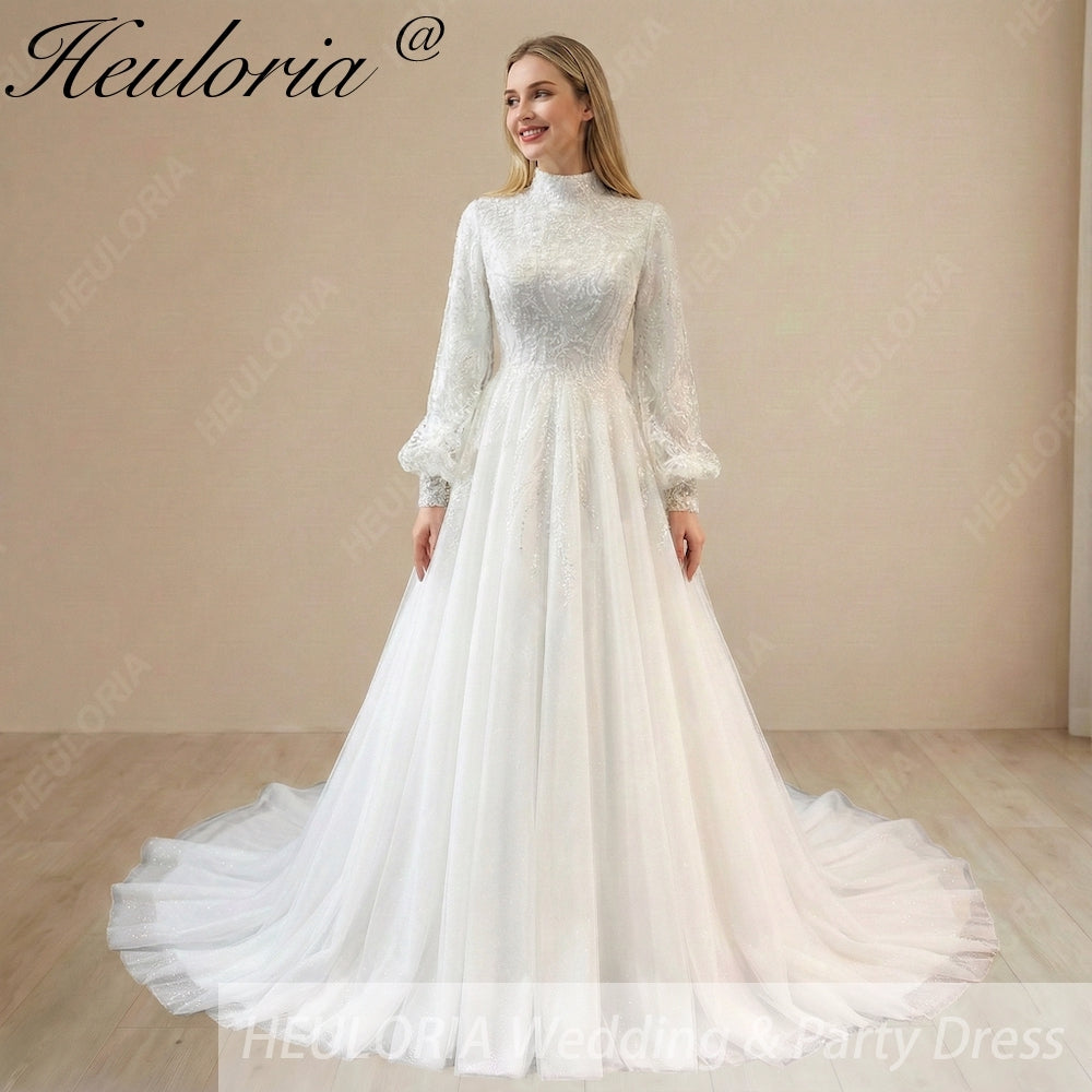HEULORIA Elegant High-Neck Lace Wedding Dress with Romantic Bishop Sleeves and A-Line Train BA-1246