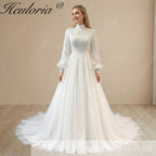 HEULORIA Elegant High-Neck Lace Wedding Dress with Romantic Bishop Sleeves and A-Line Train BA-1246