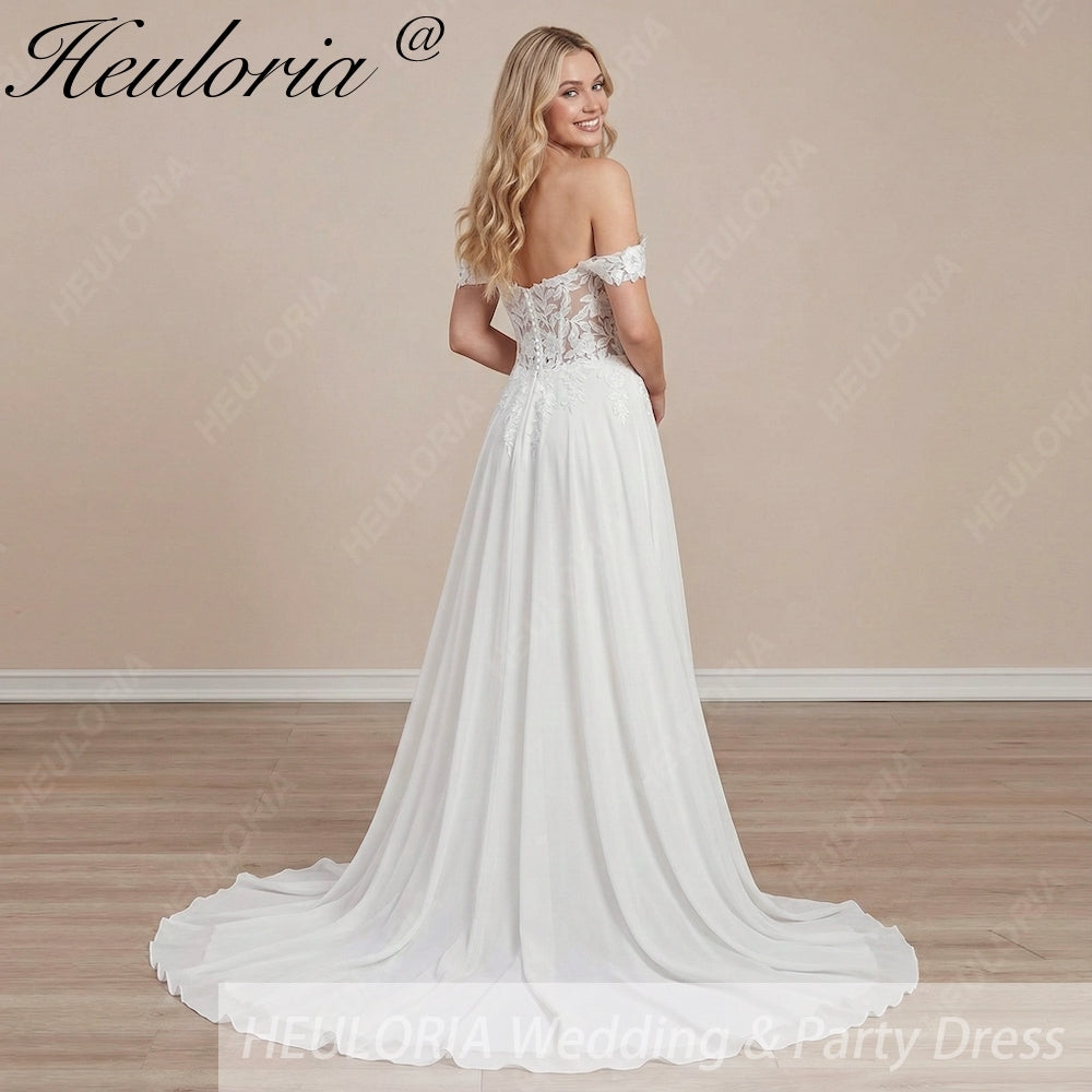 HEULORIA Romantic Off-the-Shoulder A-Line Wedding Dress with 3D Floral Lace & Chiffon Train AL-1053 Secondary image