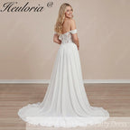 HEULORIA Romantic Off-the-Shoulder A-Line Wedding Dress with 3D Floral Lace & Chiffon Train AL-1053