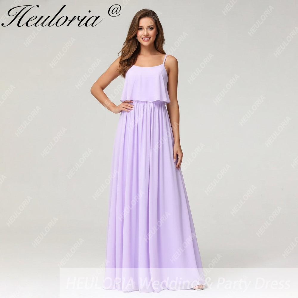Long Chiffon Bridesmaid Dress with Ruffle Top & Spaghetti Straps – heuloria