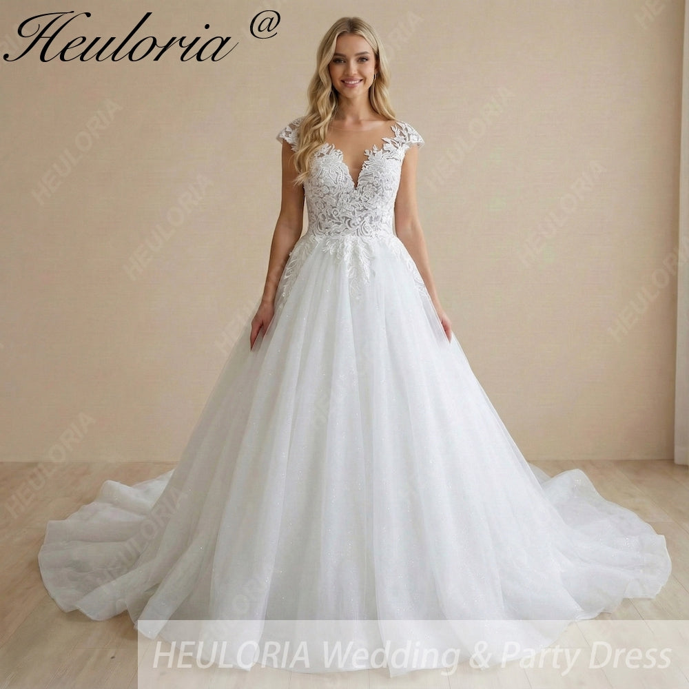 HEULORIA Ethereal Lace Appliqué Ball Gown: Illusion V-Neck & Scalloped Cap Sleeves BA-1090
