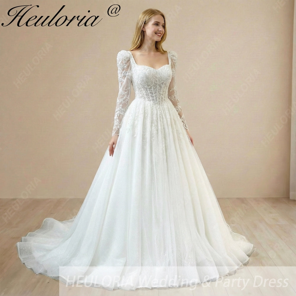 HEULORIA Romantic Long Puff Sleeve Corset Wedding Dress: Shimmering Glitter Tulle A-Line Bridal Gown BA-1211