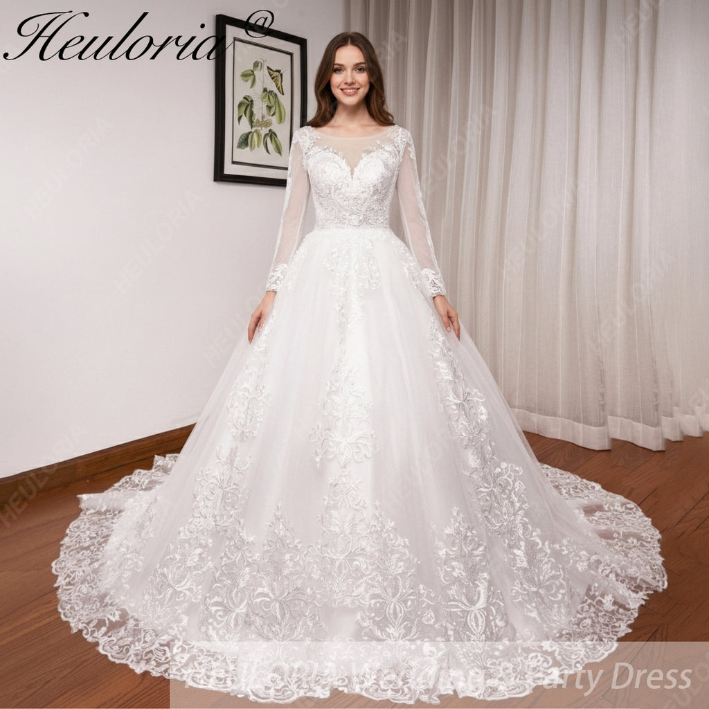 HEULORIA Ball-Gown/Princess Scoop Illusion long sleeve Cathedral Train Tulle Lace Wedding Dress BA-OF1224