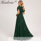 HEULORIA Long Bridemaid dress short sleeve V neck chiffon party dress formal dress ED-133
