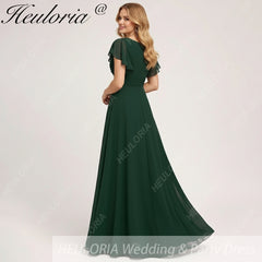 HEULORIA Long Bridemaid dress short sleeve V neck chiffon party dress formal dress ED-133