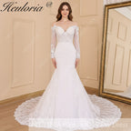 HEULORIA Off-the-Shoulder Long Sleeve Mermaid Wedding Dress with Intricate Lace and Chapel Train ME-629
