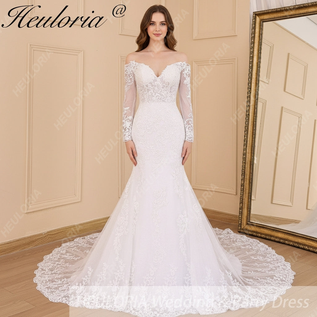 HEULORIA Off-the-Shoulder Long Sleeve Mermaid Wedding Dress with Intricate Lace and Chapel Train ME-629