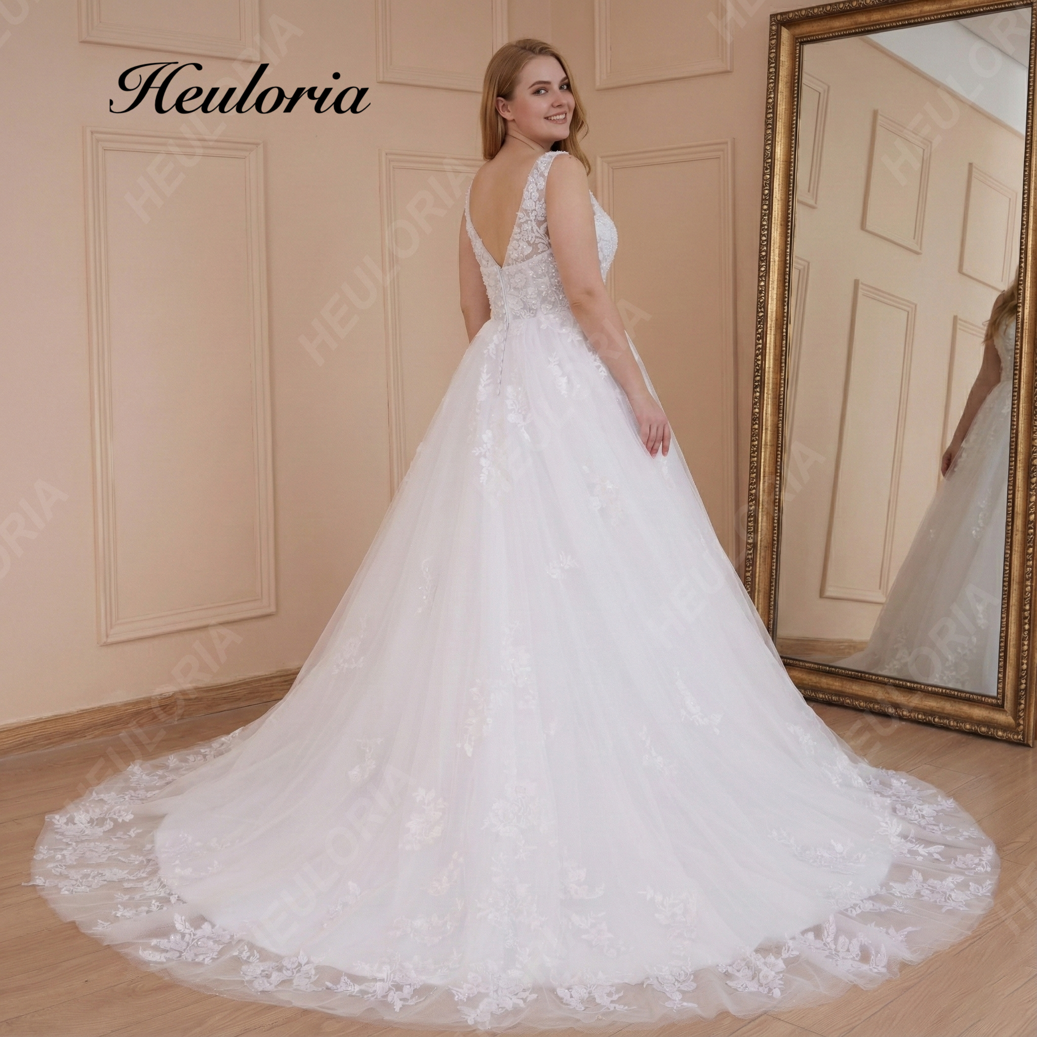 HEULORIA Sparkling V-Neck Lace A-Line Wedding Dress: Illusion Straps & Sequined Cathedral Train AL-560plus Secondary image