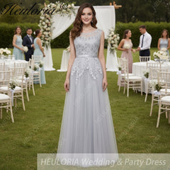 HEULORIA Long Bridemaid dress round neck lace beads tulle party dress formal dress ED-75P
