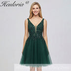 Heuloria Dark Green V-Neck Sequin Homecoming Dress - Short Tulle A-Line Cocktail Gown with Illusion Neckline ED-301