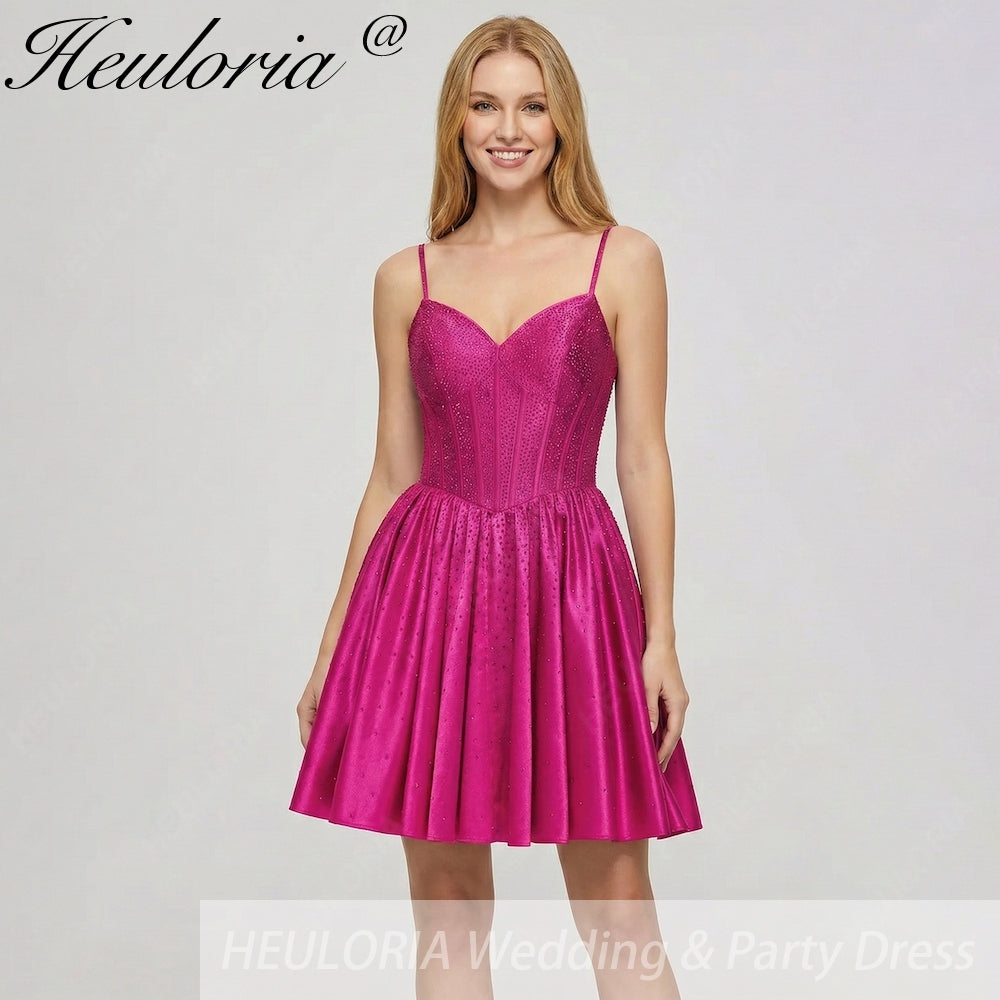 HEULORIA Sparkly Rhinestone Corset Satin Homecoming Dress - Sweetheart Neckline Spaghetti Strap Short Prom Gown ED-310