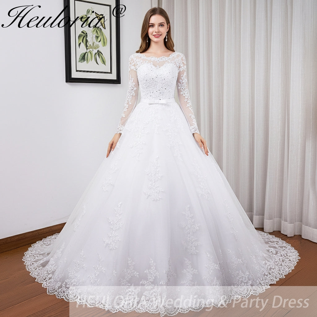 HEULORIA princess Wedding Dress long sleeve round neck bride dress lace beading lace up Plus size wedding gown  BA-BL