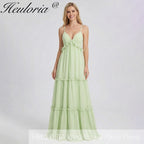 HEULORIA Sage Green Ruffled V-Neck Tiered Chiffon Maxi Dress with Lace-Up Back ED-375
