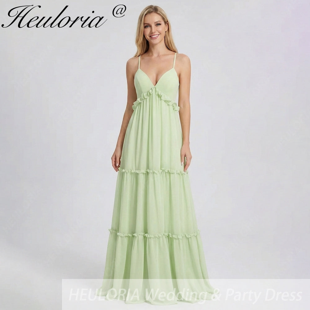 HEULORIA Sage Green Ruffled V-Neck Tiered Chiffon Maxi Dress with Lace-Up Back ED-375
