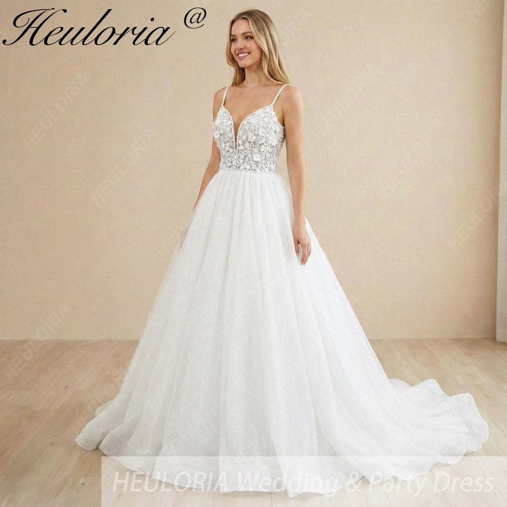 HEULORIA 3D Floral Appliqué Sparkly Ballgown Wedding Dress: Deep V-Neck & Shimmering Glitter Tulle BA-1244