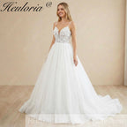 HEULORIA 3D Floral Appliqué Sparkly Ballgown Wedding Dress: Deep V-Neck & Shimmering Glitter Tulle BA-1244