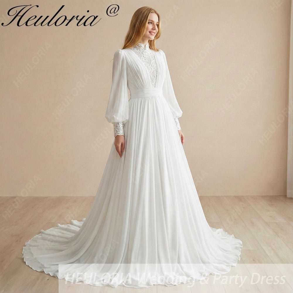HEULORIA Vintage High Neck Lace Wedding Dress with Romantic Bishop Sleeves and Chiffon Train AL-354