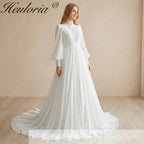 HEULORIA Vintage High Neck Lace Wedding Dress with Romantic Bishop Sleeves and Chiffon Train AL-354