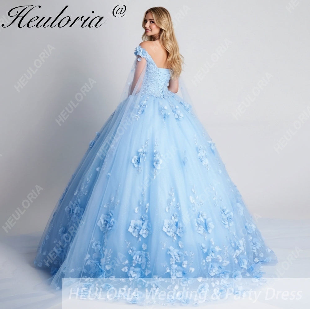 HEULORIA Floral Lace V Neck Strap Sleeve Quinceanera Gown BA-1256