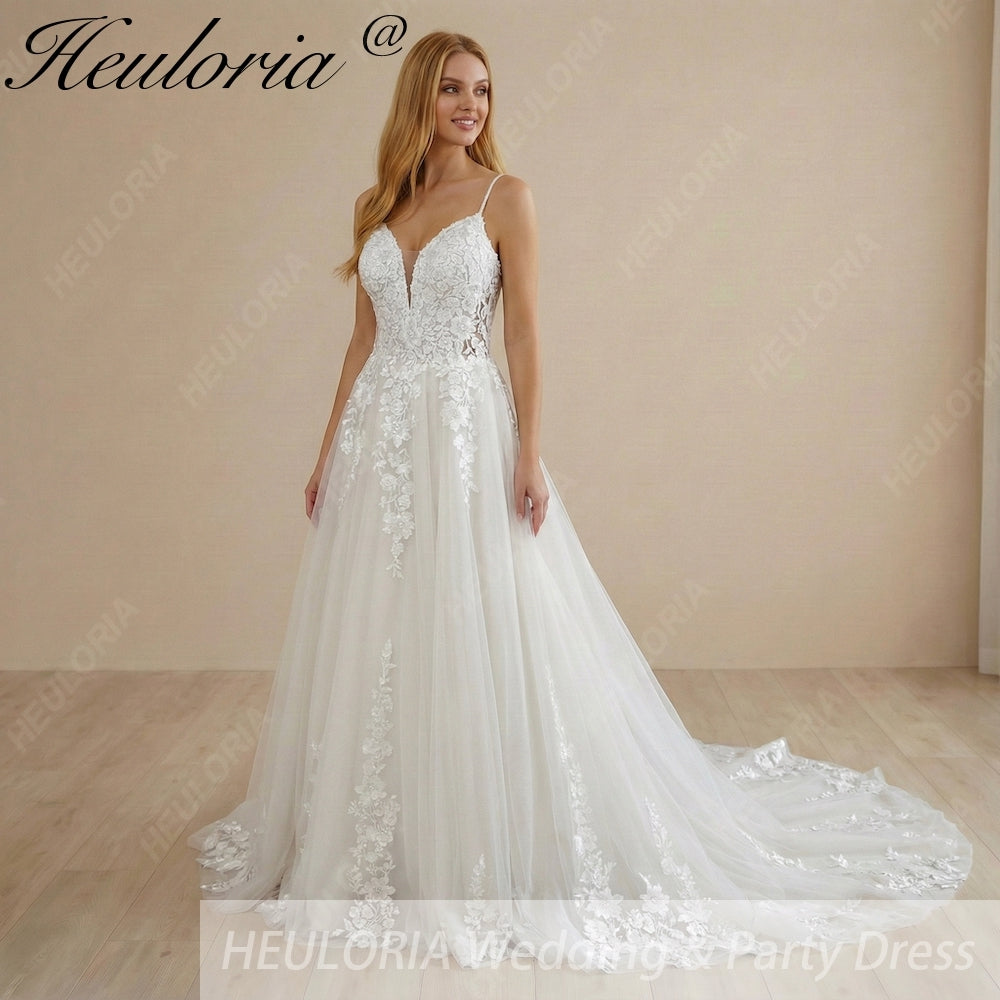 HEULORIA Ethereal Floral Lace A-Line Wedding Dress - Plunge V-Neck & Delicate Spaghetti Straps AL-1051