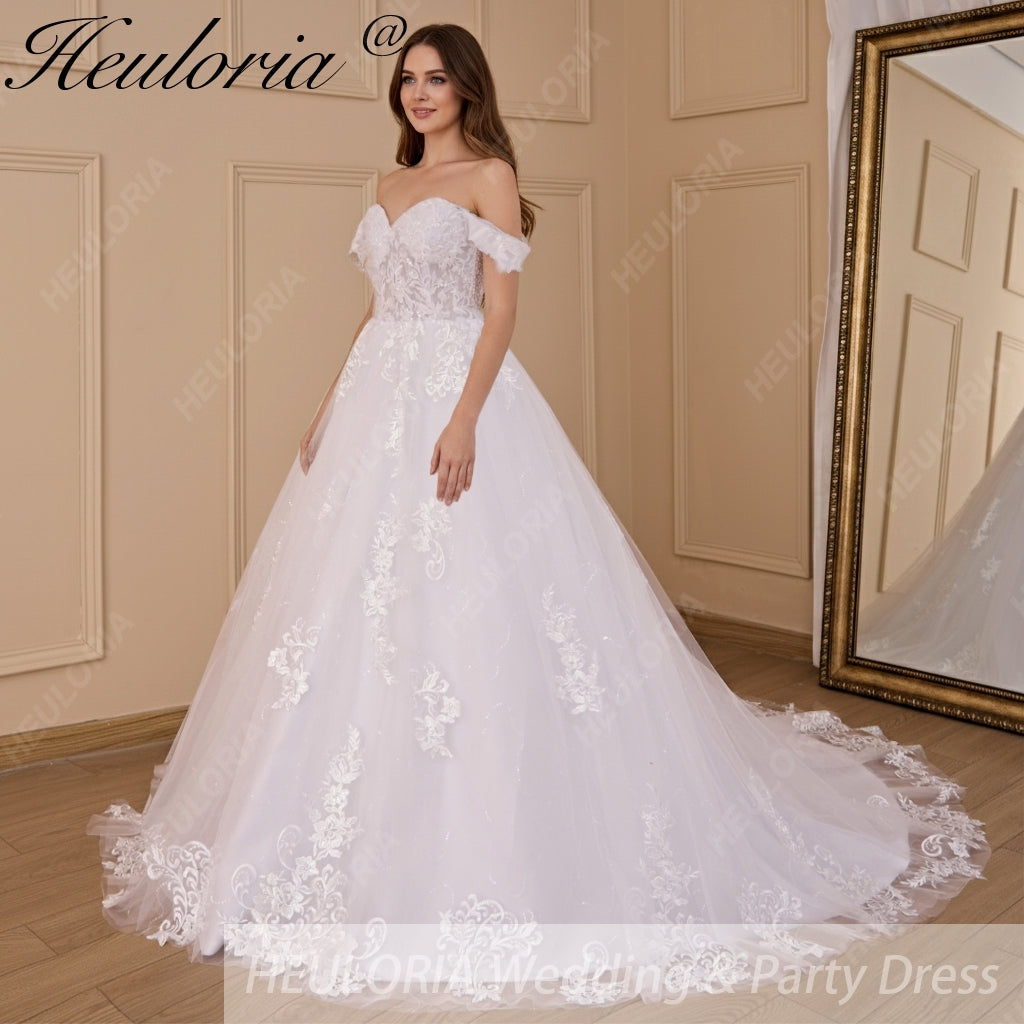 HEULORIA Ball-Gown/Princess Off the Shoulder Detachable sleeve Court Train Tulle Lace Wedding Dress With Sequins Beading BA-718
