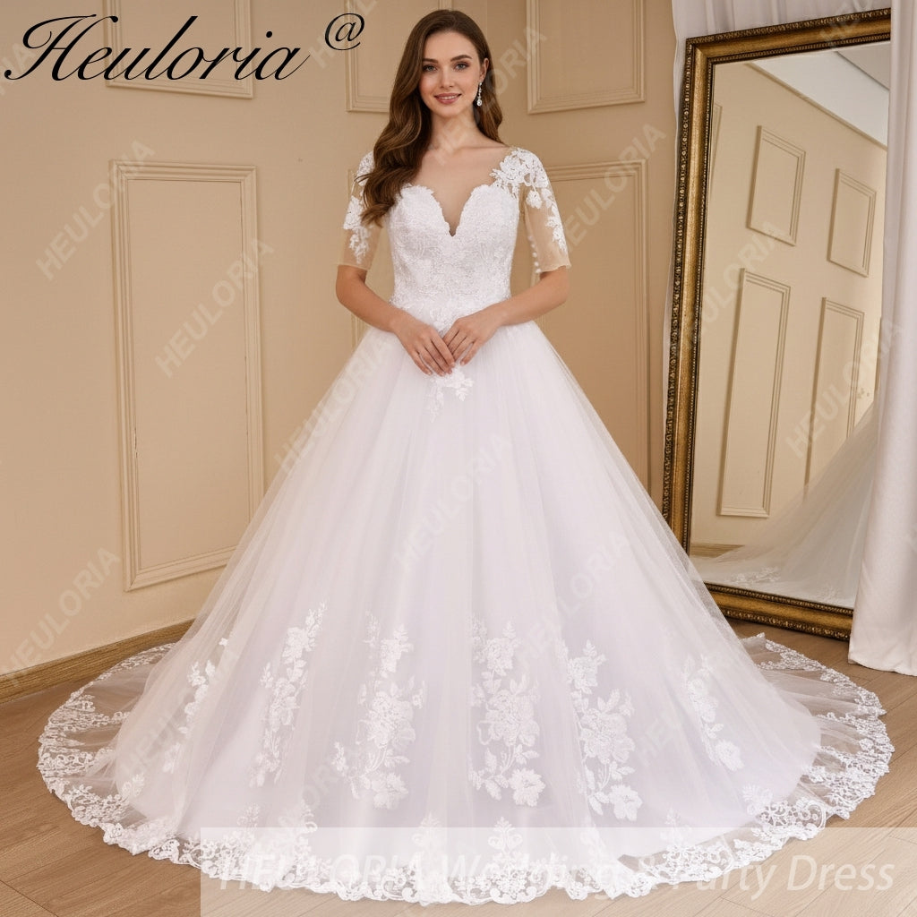 HEULORIA Princess Ball Gown Wedding Dress short sleeve lace applique plus size robe de mariee bride dress BA-650