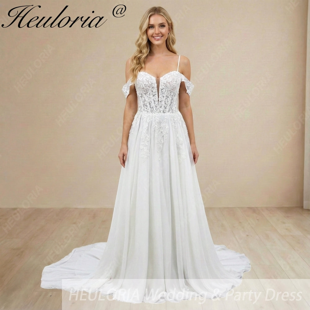 HEULORIA Ethereal Plunging V-Neck Off-the-Shoulder Lace A-Line Wedding Dress with Chapel Train AL-1054